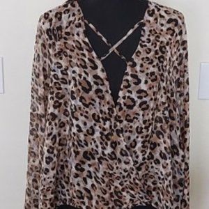 Leopard Print Long Sleeve Cross Front Blouse~ XL.